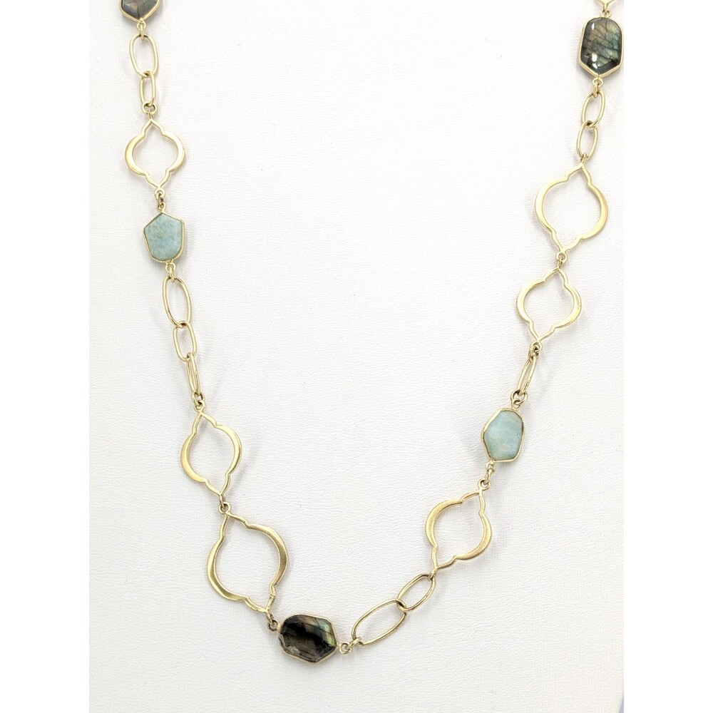 Stella & Dot Necklace Gold Tone Blue Gray Resin Cabochon Station Chain 36 Inch